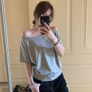 【Veee】女生上衣 斜肩 t恤 韓系衣服女 寬鬆上衣 夏天衣服 韓系chic 設計感上衣 純欲風 休閒上衣 短款衣服