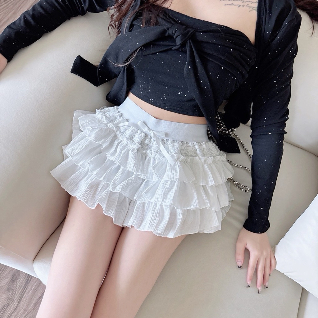 Meetu｜預購 蕾絲蝴蝶結蛋糕短裙 高腰鬆緊顯瘦內搭安全褲 百搭甜美款