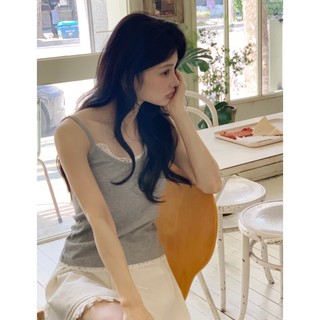 韓國代購KOREA_90 SHOP清雅氣質網拍MILKCOCOA 素面羅紋細肩帶蕾絲V領無袖短版小可愛內搭