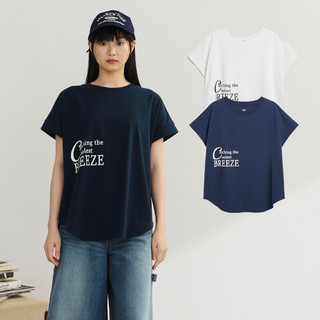 【ERSS】 女裝 短袖 圓弧 前短 美式 字母 側印 休閒 米白 丈青【K70425】
