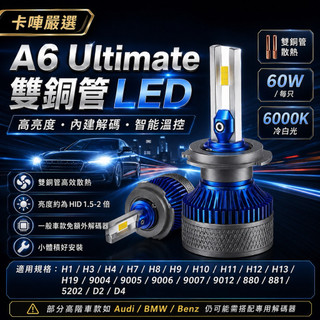 卡嗶嚴選-A6-Ulitmate-60W-12V/24V雙銅管LED大燈燈泡-H7-H1-H11-D2/D4-H4