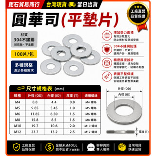 【鉅石螺絲】304不鏽鋼 100片圓華司 M5 M6 M8 M10 M12 墊片 平墊圈 華司 白鐵華司 防脫落