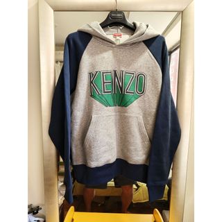 KENZO全新真品葡萄牙製大LOGO灰色深藍色拼接帽T/運動衫(L號)--2.4折出清(不議價商品)
