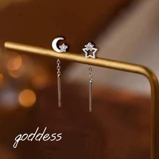 goddess飾品💜925純銀耳環 不對稱星月流蘇耳線 星星月亮鑲鑽耳線 耳釘 女耳環 耳針 抗過敏耳環 耳飾 純銀耳針