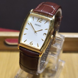 二手 實品在台北 日本精工SEIKO 酒桶型金殼白麵 石英皮帶男錶 7N32-0BV0