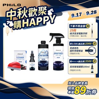 【Philo飛樂】全車防護豪華組 (玻璃油膜去除擦+長效玻璃鍍膜+超疏水噴蠟/水蠟+高濃縮泡沫洗車精) 超高CP值組合包
