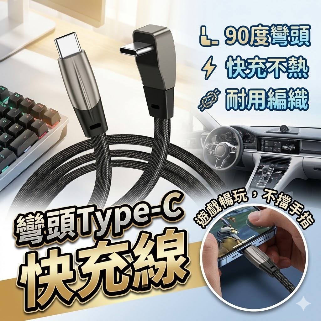 【台灣出貨】特斯拉Model 3/Y彎頭Type-C快充線｜1m編織線｜PD 60W｜不卡滑蓋｜車用充電線