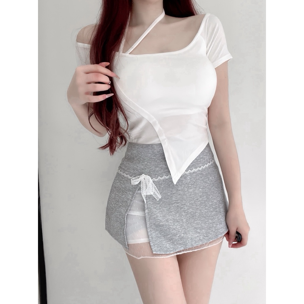 Meetu | 預購 高腰拼接蕾絲裏褲短裙 側拉鍊安全褲裙 A字顯瘦短裙 小個子顯腿長 韓系甜妹百搭裙