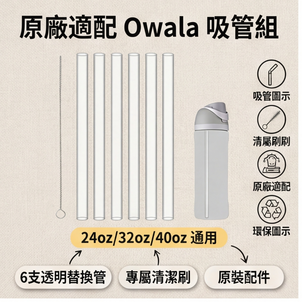 Owala 水果杯吸管 透明替換吸管 適用24oz/32oz 食品級材質 可重複使用 附清潔刷 易清洗 完美適配 高透