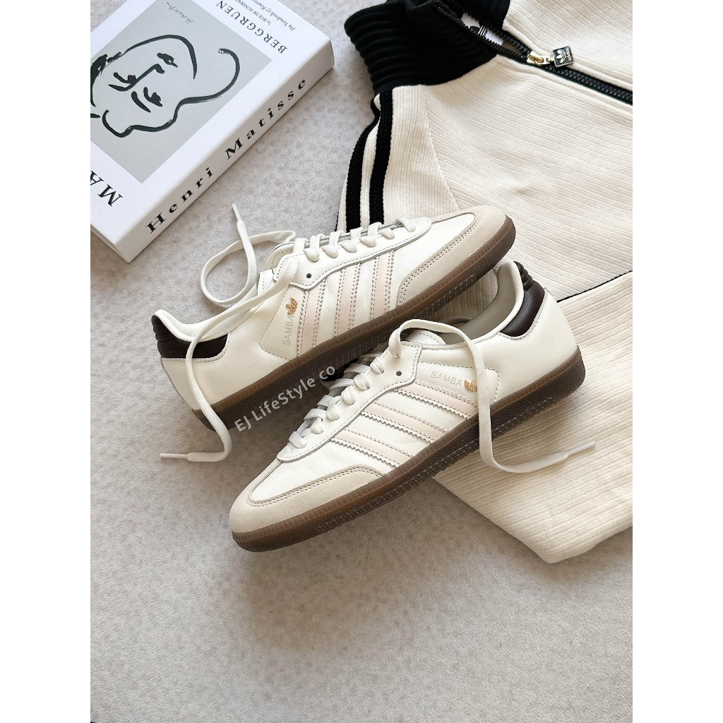 -EJ- 現貨 ADIDAS SAMBA OG 奶油黑尾 奶油白 米色 焦糖底 金屬小標 三葉草 女鞋 IH6628