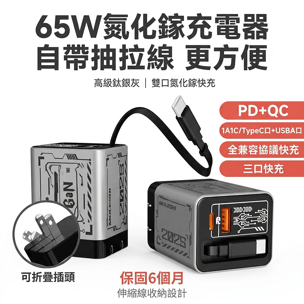 🔥免運【隔日達】🔥 65W氮化鎵充電頭 TYPEC雙口 自帶伸縮綫充電頭 氮化鎵充電器 GAN 充電器 PD快充充電頭