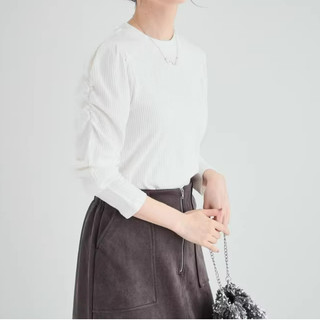 Mary Shop 100%空運日單純色系坑條感褶皺公主袖好彈力長袖上衣休閒上衣2色黑色白色