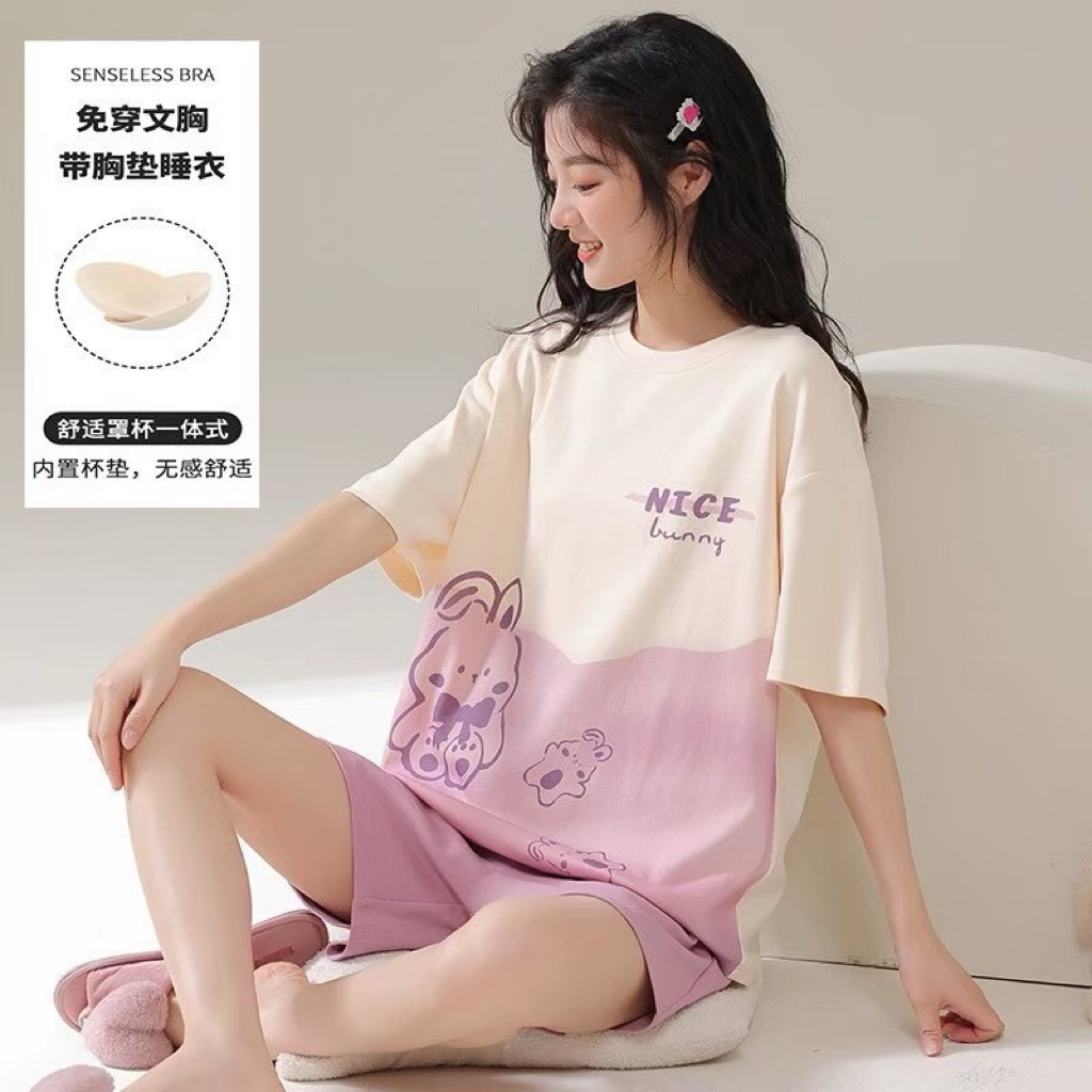 【Becca Closet】胸墊睡衣 睡衣女 居家服 夏天睡衣 短袖睡衣 韓版睡衣 睡衣 帶胸墊睡衣女  女睡衣恩愛