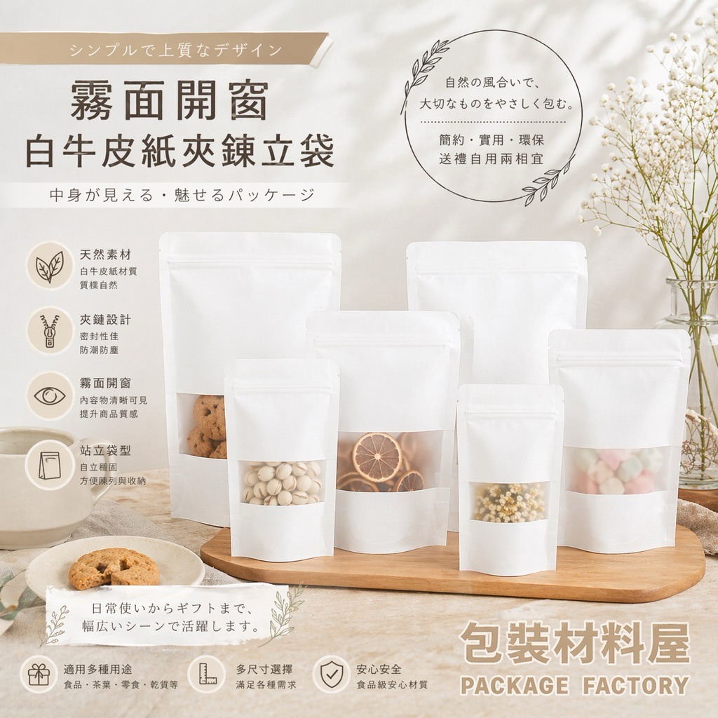 【包裝材料屋】加厚 50入 白牛皮夾鏈自立袋 白牛皮夾鏈袋 霧面開窗白牛皮夾鏈立袋  白牛皮夾鏈袋 牛皮紙夾鏈袋夾鏈包裝
