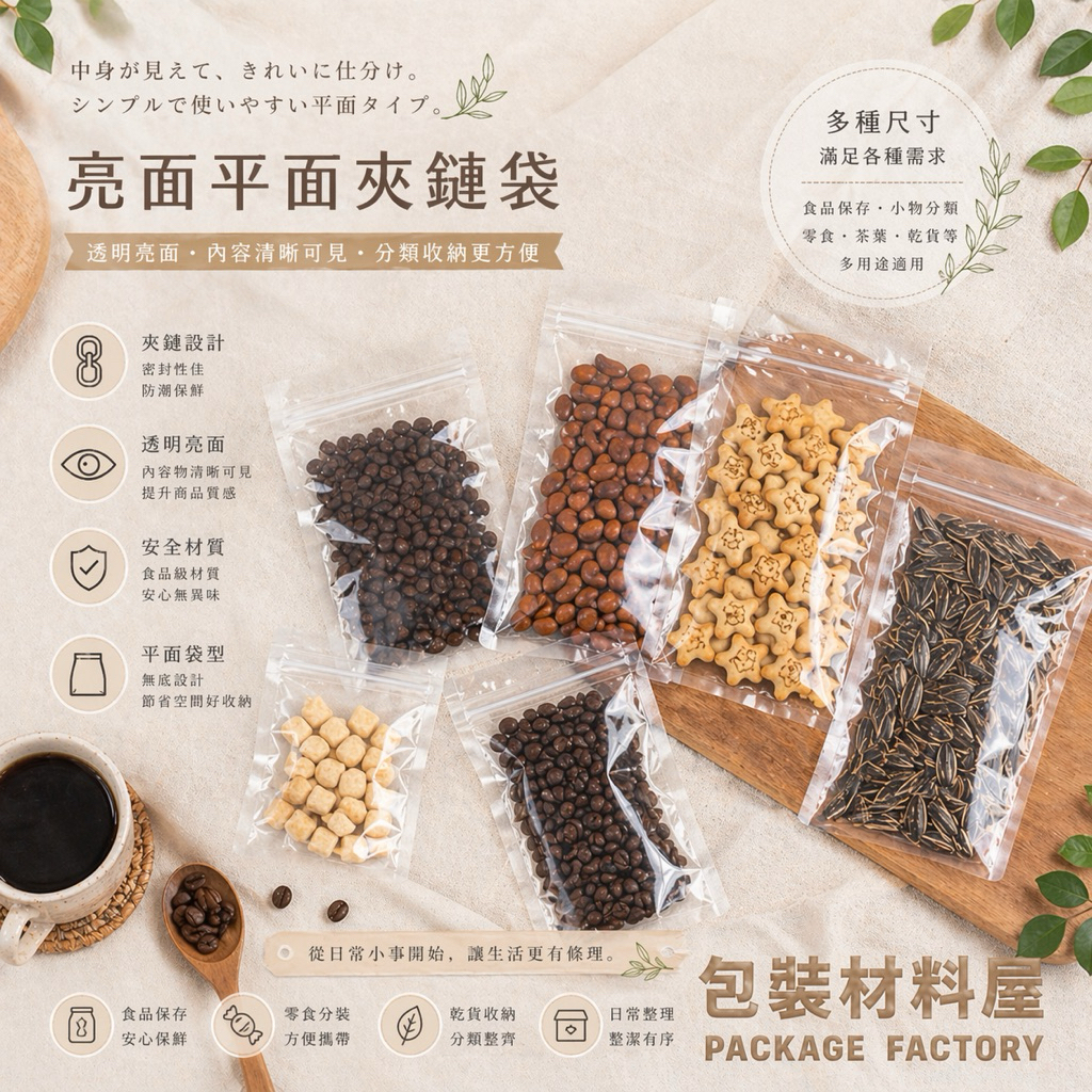 【包裝材料屋】50入 亮面食品平面夾鏈袋 亮面透明夾鏈平袋 多種尺寸 食品夾鏈袋 寵物零食夾鏈袋 透明夾鏈袋 霧面夾鏈袋
