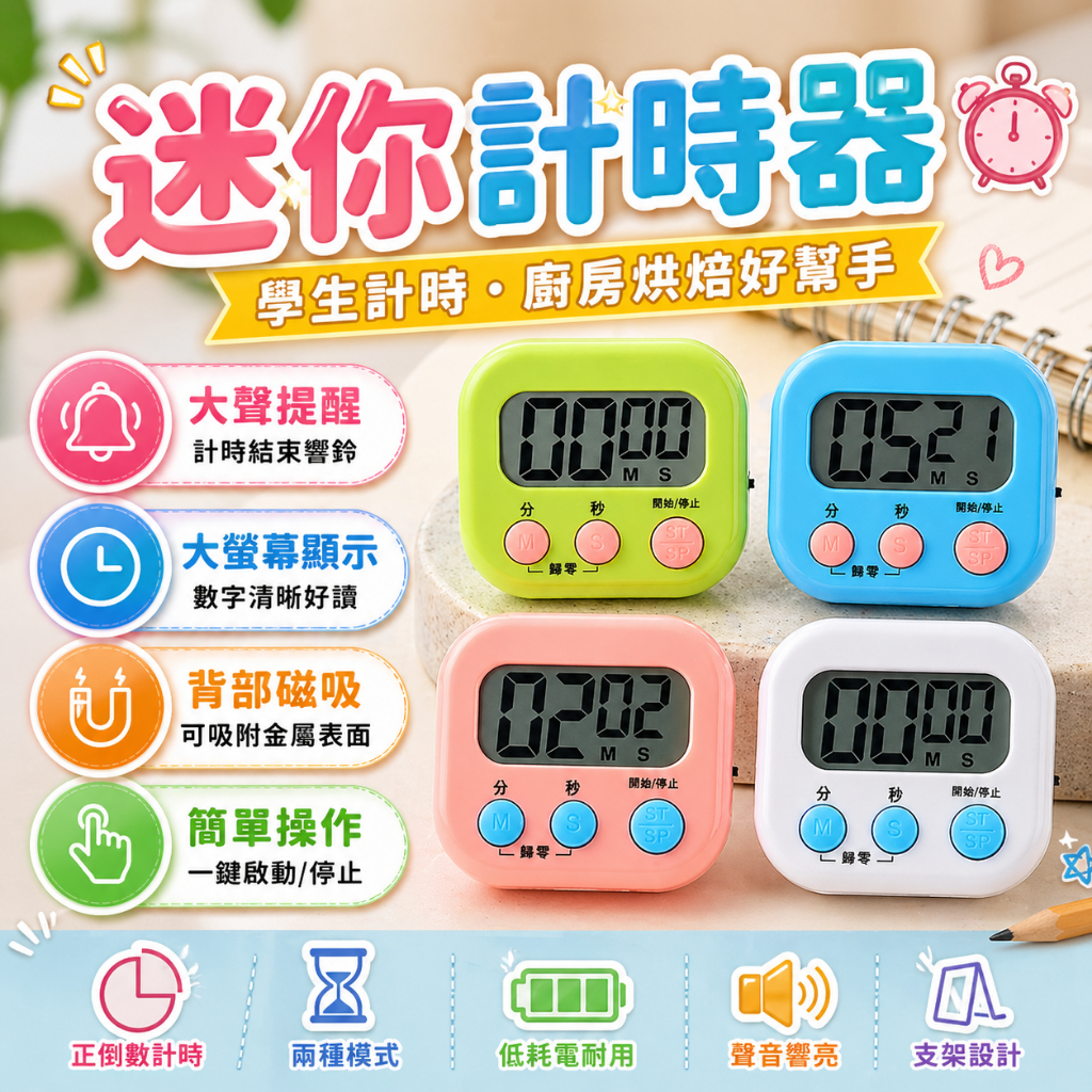計時器 定時器 電子計時器 倒數計時器 烘焙計時器 廚房計時器 碼表 學生計時器 讀書計時器 鬧鐘 提醒器 便攜計時器