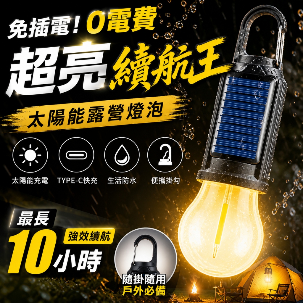 台灣現貨💥太陽能露營燈 掛勾燈 USB充電露營燈 暖光氛圍燈 帳篷燈 戶外防水掛燈 庭院燈 花園燈 夜市燈 停電應急燈