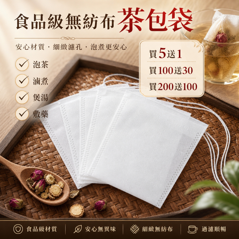 【膳農坊 開立發票】食品級無紡布茶包袋 買200送100 隔渣袋 中藥袋 滷料 咖啡過濾袋 泡茶袋 茶包袋