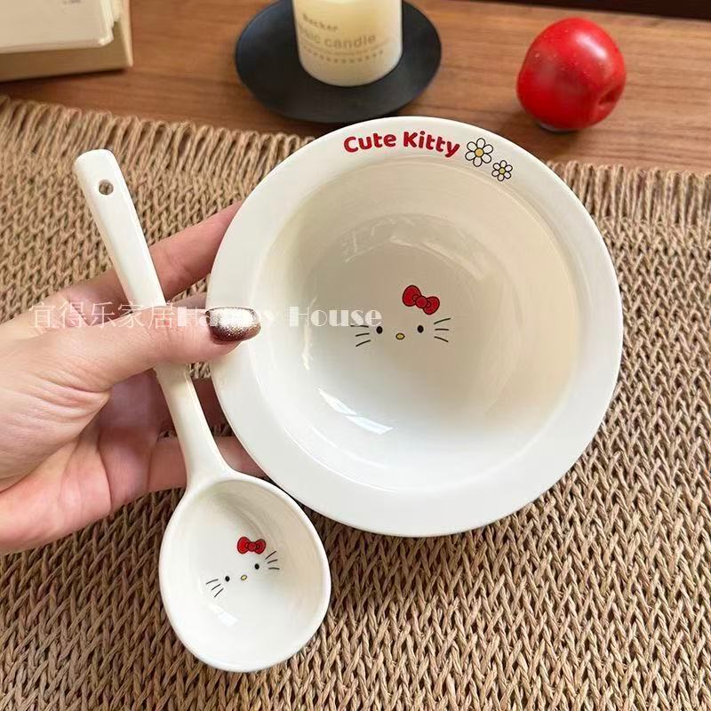 kitty飯碗 可愛kitty小貓酸奶陶瓷碗 菲米兔飯碗 可愛飯碗 kitty陶瓷碗 kitty餐具 kitty勺子
