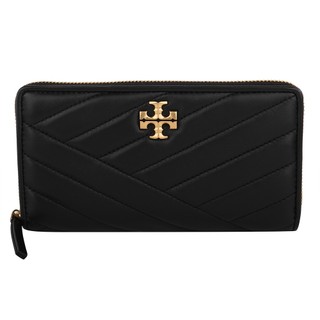 TORY BURCH-KIRA 金屬雙T 縫衍紋皮革拉鍊長夾4107黑