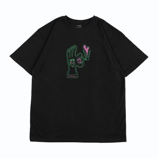SIGHT - Chill For Love & Peace 原創手繪 Boxy Cut 機能彈性短Tee - 黑