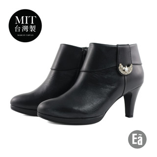 Ea專櫃女鞋 台灣製MIT 閃亮水鑽 牛皮增高水台反摺短靴 (黑)4729