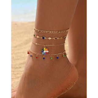 4件 休閒 百搭 彩色水晶 花朵 腳鏈 Ankle Bracelets