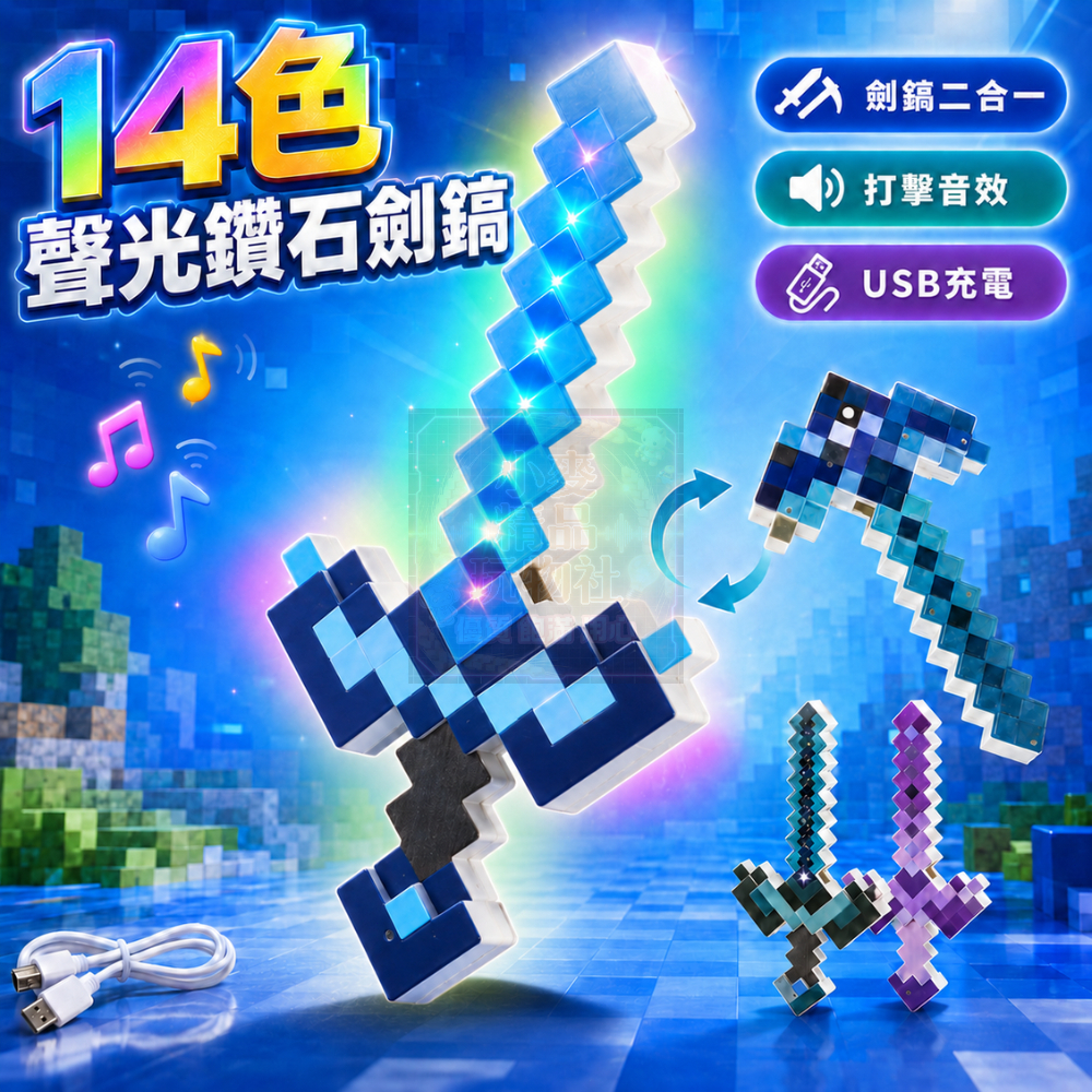 隔日達現貨 14色聲光鑽石劍稿 二合一 可充電帶感應MC鑽石變形劍鎬 像素風鑽石劍稿 MC鑽石劍稿 發光變形劍 角色道具