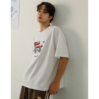 AIR SPACE 【迪士尼系列】米奇款刺繡圖案圓領短袖寬版TEE(男款)(白/深藍) 男裝 現貨