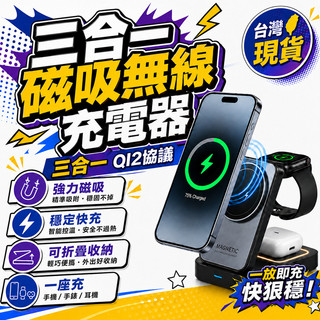 隔日達【三合一折疊無線充電座】iPhone/三星手機 Apple Watch AirPods 磁吸對位 15W快充