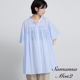 Samansa Mos2 薄透條紋寬袖設計排釦長版襯衫(0F002240510)