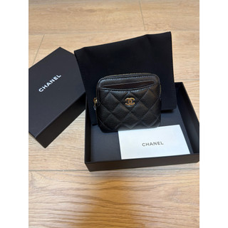 Chanel 淡金雙C菱格牛皮吐司零錢包 黑色