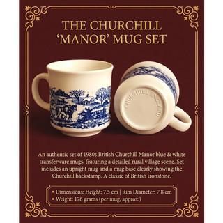 <Mystic* 藝境*> 1980年代英國 Churchill 莊園藍白轉印杯/兩入一組/歷史痕跡美品/歐洲藝術品收藏