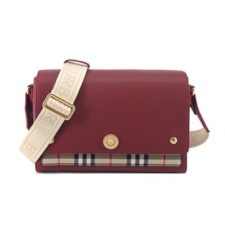 BURBERRY Horseferry小牛皮格紋帆布飾邊斜背包(紅棕)｜100%原廠真品｜JS Maxx官方旗艦館