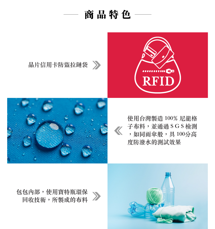 商品特色晶片信用卡防盜拉鏈袋包包內部,使用寶特瓶環保回收技術,所製成的布料DRFID使用台灣製造100%尼龍格子布料,並通過SGS檢測,如同雨傘般,具100分高度防潑水的測試效果