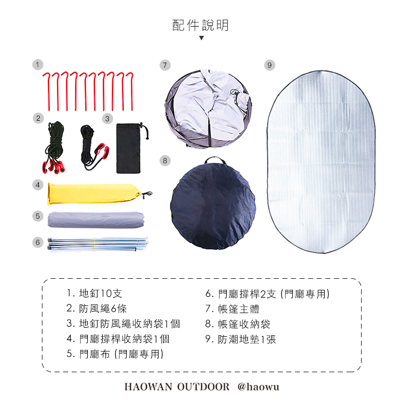 2456378配件說明91.地釘10支2. 防風繩6條3. 地釘防風繩收納袋1個4. 門廳撐桿收納袋1個5. 門廳布(門廳專用)6. 門廳撐桿2支(門廳專用)7. 帳篷主體8. 帳篷收納袋9. 防潮地墊1張HAOWAN OUTDOOR @haowu
