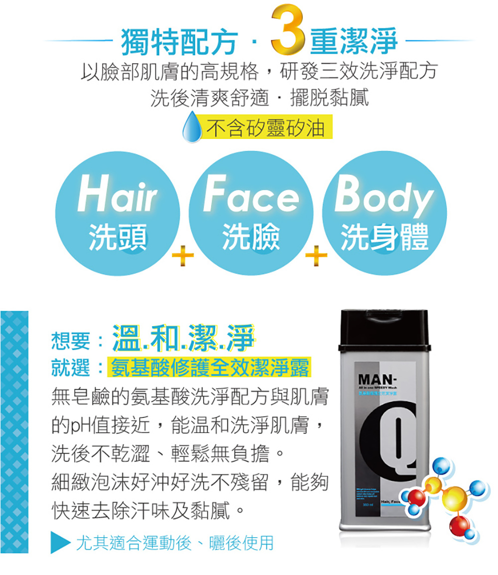獨特配方.3重潔淨，以臉部肌膚的高規格,研發三效洗淨配方，洗後清爽舒適˙擺脫黏膩，不含矽靈矽油，洗身體，想要:溫.和.潔.淨，就選:氨基酸修護全效潔淨露，無皂鹼的氨基酸洗淨配方與肌膚，的pH值接近,能溫和洗淨肌膚,洗後不乾澀、輕鬆無負擔。細緻泡沫好沖
