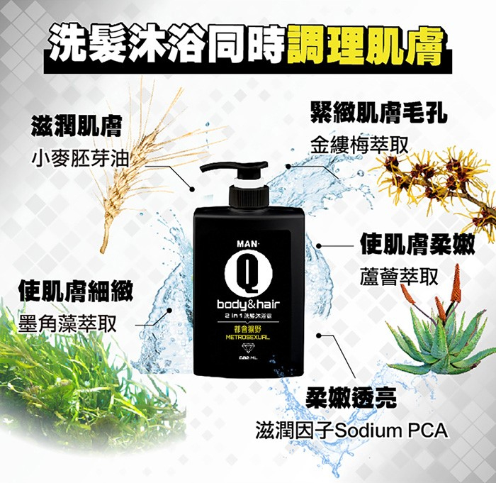 洗髮沐浴同時調理肌膚，緊緻肌膚毛孔，金縷梅萃取，滋潤肌膚，小麥胚芽油，使肌虐細緻，墨角藻萃取，2in1洗沐浴露，都會猴野，･使肌膚柔嫩，蘆薈萃取，柔嫩透亮，滋潤因子Sodium PCA。