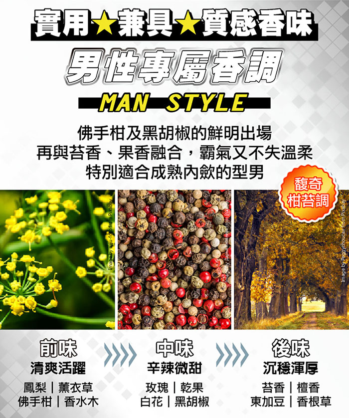 實用兼具質感香味，男性專屬周，佛手柑及黑胡椒的鮮明出場，再與苔香、果香融合,霸氣又不失溫柔，特別適合成熟內斂的型男，清爽活躍，鳳梨薰衣草，佛手柑香水木，辛辣微甜，玫瑰乾果，白花黑胡椒，柑苔調，沉穩渾厚，苔香檀香，東加豆香根草。