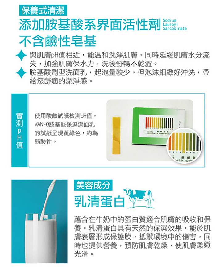 保養式清潔，添加胺基酸系界面活性劑，不含鹼性皂基，實測pH值，與肌膚pH值相近,能溫和洗淨肌膚,同時延緩肌膚水分流，失,加強肌膚保水力,洗後舒暢不乾澀。胺基酸劑型洗面乳,起泡量較少,但泡沫細緻好沖洗,帶，給您舒適的潔淨感。使用酸鹼試紙檢測pH值,MA