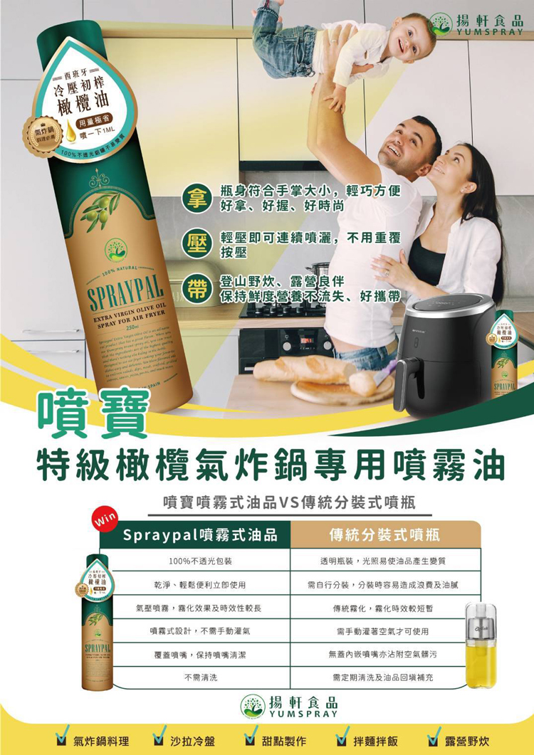 氣炸鍋，1 西班牙-冷壓初榨，橄欖油，【用量極省，噴一下1ML，瓶身符合手掌大小,輕巧方便，好拿、好握、好時尚，买 輕壓即可連續噴灑,不用重覆，登山野炊、露營良伴，ūō 保持鮮度營養不流失、好攜帶，鑫揚軒食品，特級橄欖氣炸鍋專用噴霧油，噴寳噴霧式油品