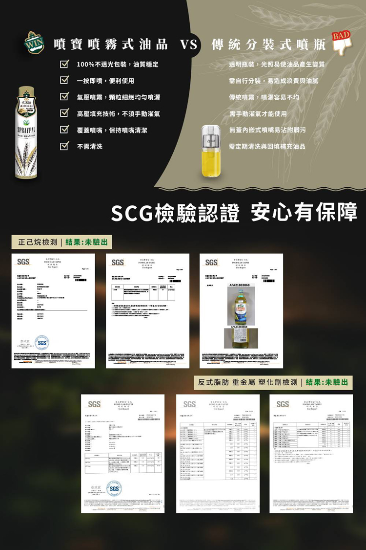 噴寶噴霧式油品 VS，☑ 100%不透光包裝,油質穩定，VS 傳統分裝式噴瓶，透明瓶裝,光照易使油品產生變質，☑ 一按即噴,便利使用，☑ 氣壓噴霧,顆粒細緻均勻噴灑，高壓填充技術,不須手動氣，覆蓋噴嘴,保持噴嘴清潔，需自行分裝,易造成浪費與油膩，傳統