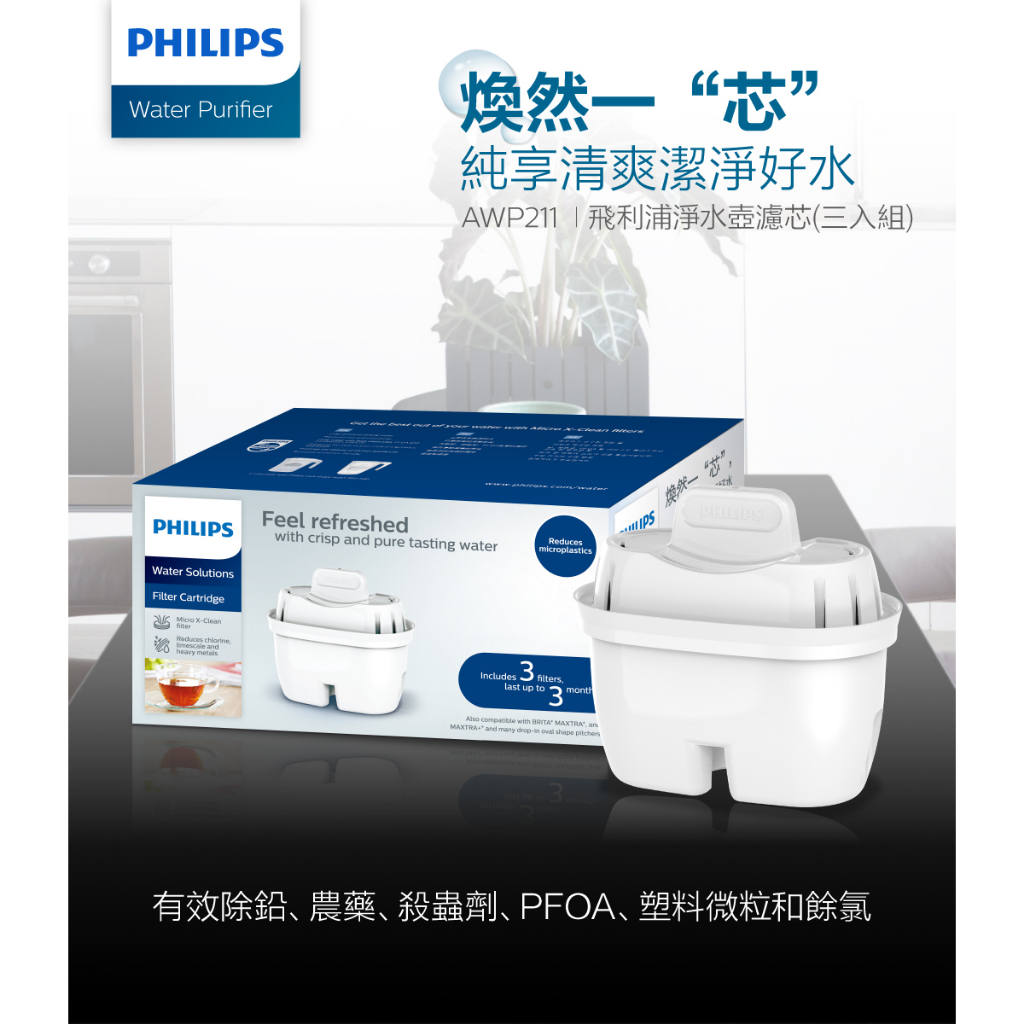 PHILWater Purifier然”純享清爽潔淨好水AWP211  飛利浦淨水壺濾芯(三入組)PHILIPSFeel refreshed crisp d pure tastg waterWater SolutionsFilter Cartridge  heavy metalsReducesmicroplasticsIPS煥然一“芯”Includesfilterslast up tomonth  with   anMAXTRA and many in  shape pitchers有效除鉛農藥殺蟲劑、PFOA、塑料微粒和餘氯
