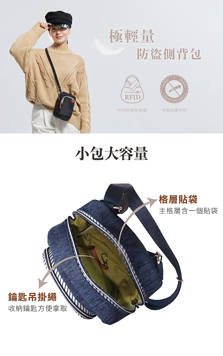 鑰匙吊掛繩收納鑰匙方便拿取極輕量防盜側背包RFIDRFID防盜刷格層防割裏布料小包大容量格層貼袋主格層含一個貼袋