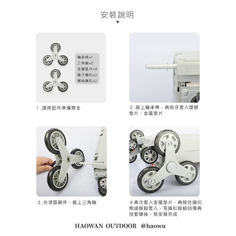 軸承桿x1三角輪金屬x4輪子鎖扣螺絲鎖扣安裝說明1.請將配件準備齊全2.裝上軸承桿,再依序套入塑膠、金屬垫片3.光滑面朝外,裝上三角輪4再次套入金屬墊片,再按住鎖扣側邊按鈕套入,等鎖扣按鈕回彈再扭緊螺絲,就安裝完成HAOWAN OUTDOOR @haowu