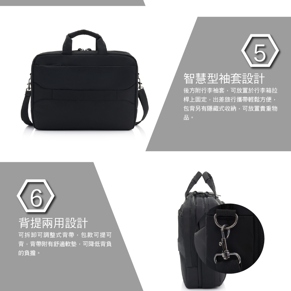 6背提兩用設計可拆卸可調整式背帶,包款可提可背,背帶附有舒適軟墊,可降低背負的負擔。5智慧型袖套設計後方附行李袖套,可放置於行李箱拉桿上固定,出差旅行攜帶輕鬆方便,包背另有隱藏式收納,可放置貴重物品。