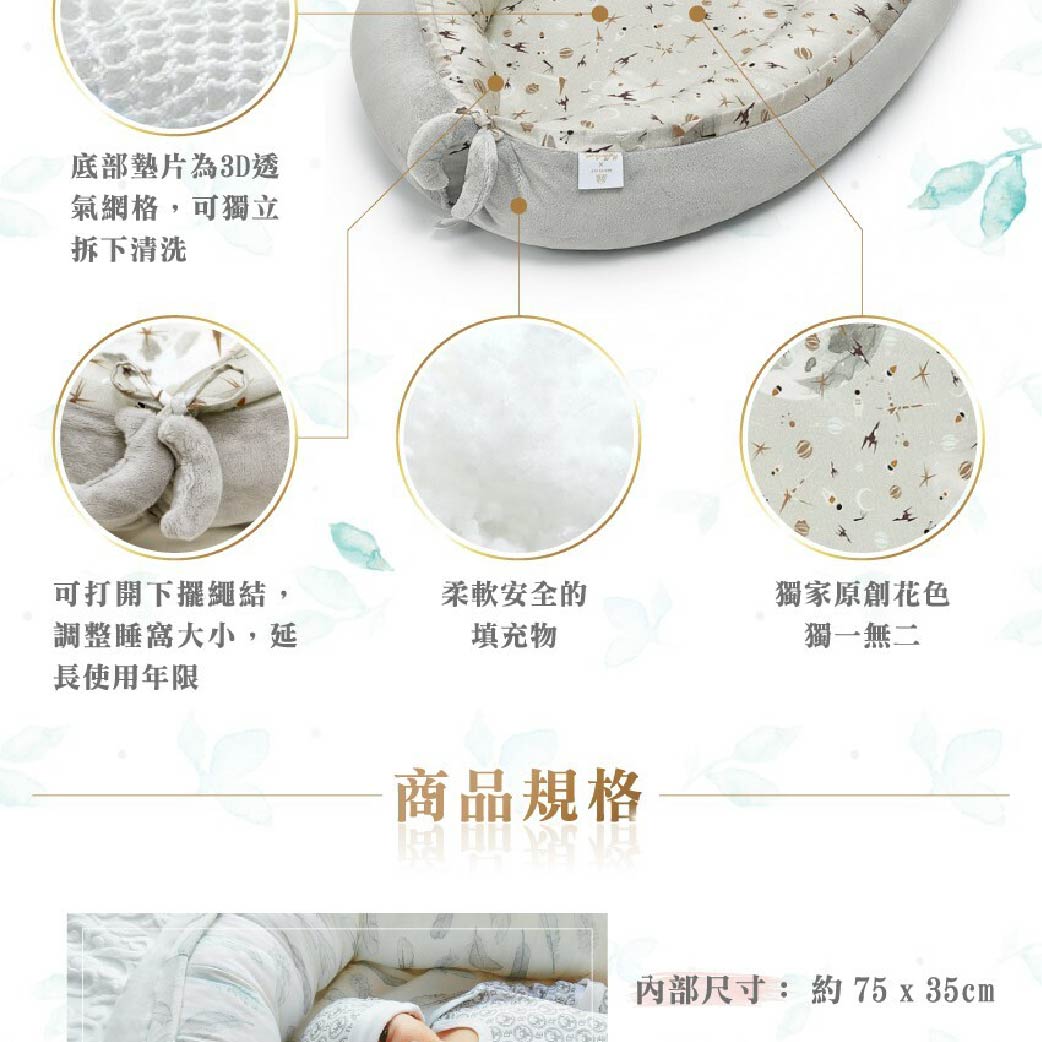 底部墊片為3D透氣網格,可獨立拆下清洗可打開下擺繩結,調整睡窩大小,延柔軟安全的填充物獨家原創花色獨一無二長使用年限商品規格內部尺寸:約 75 x 35cm