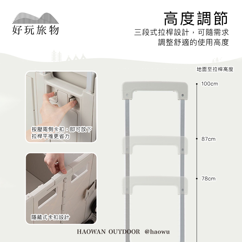 高度調節好玩旅物三段式拉桿設計,可隨需求調整舒適的使用高度地面至拉桿高度100cm按壓兩側卡扣,即可放下拉桿平推更省力87cm隱藏式卡扣設計HAOWAN OUTDOOR @haowu78cm