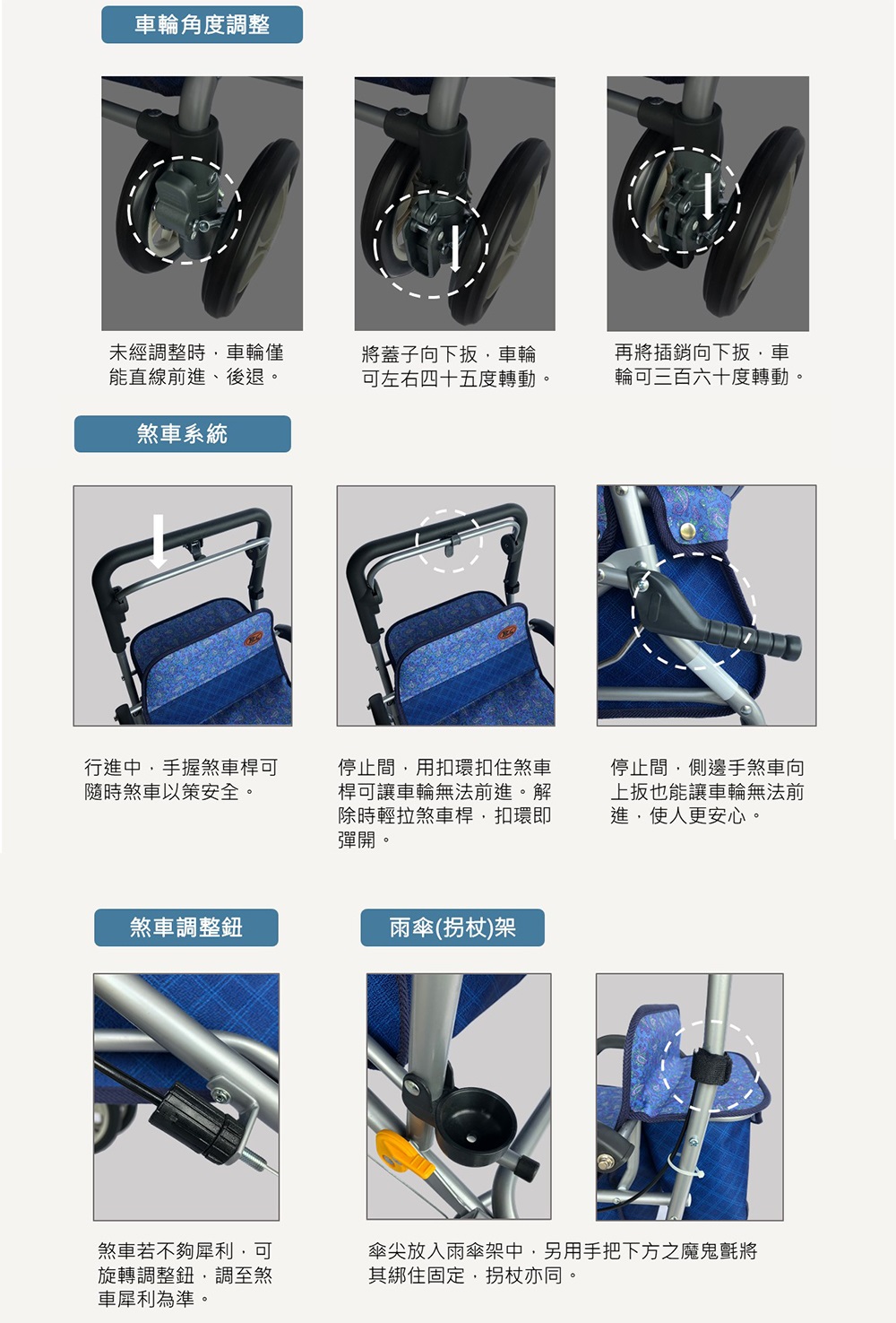 車輪角度調整未經調整時車輪僅能直線前進、後退。將蓋子向下,車輪可左右四十五度轉動。再將插銷向下扳,車輪可三百六十度轉動。煞車系統行進中,手握煞車桿可隨時煞車以策安全。停止間,用扣環扣住煞車桿可讓車輪無法前進。解除時輕拉煞車桿,扣環即彈開。停止間,側邊手煞車向上扳也能讓車輪無法前進,使人更安心。煞車調整鈕雨傘(拐杖)架煞車若不夠犀利,可旋轉調整鈕,調至煞車犀利為準。傘尖放入雨傘架中,另用手把下方之魔鬼氈將其綁住固定,拐杖亦同。