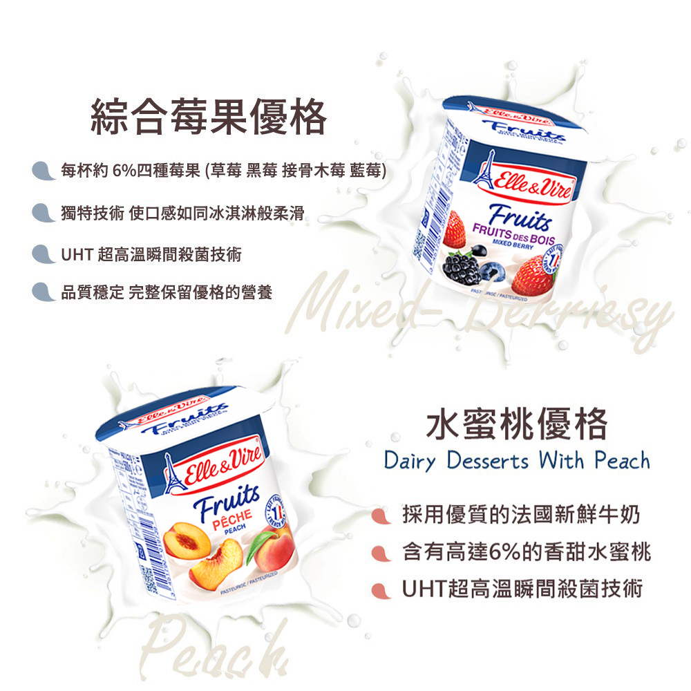 綜合莓果優格每杯約6%四種莓果(草莓黑莓 接骨木莓 藍莓)獨特技術 使口感如同冰淇淋般柔滑UHT 超高溫瞬間殺菌技術品質穩定 完整保留優格的營養Elle&FruitsPÊCHEPEACHPeachFruitsElle&VireFruitsFRUITS DES BOIS BERRY  水蜜桃優格Dairy Desserts With Peach採用優質的法國新鮮牛奶含有高達6%的香甜水蜜桃UHT超高溫瞬間殺菌技術